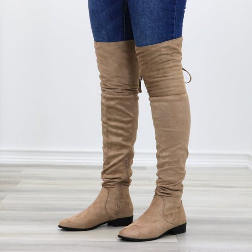 Tan Suede Thigh High Flat Boot With Lace Up Back - Picture 12 of 14